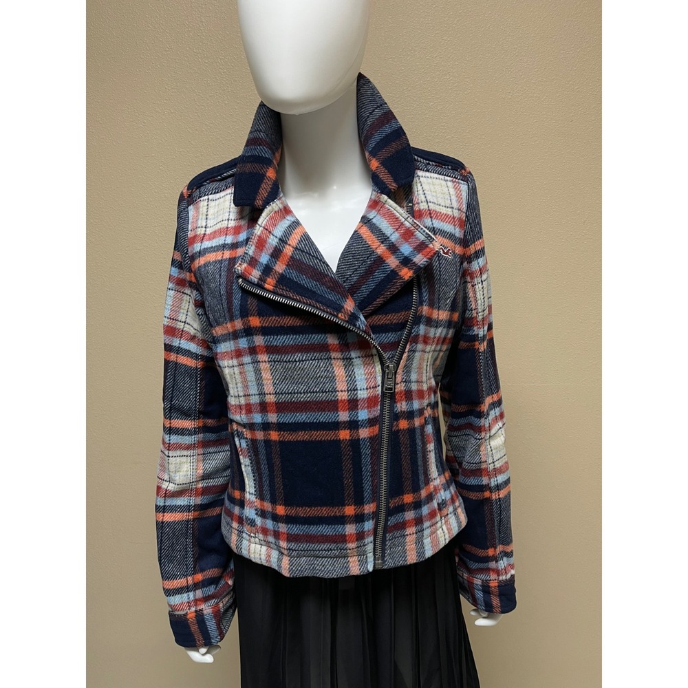 NWT Hollister Plaid Moto Jacket Wool Blend Flannel Navy Orange Full Zip Size M